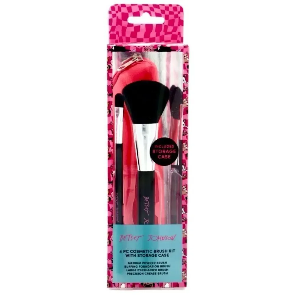 NWT Betsey Johnson Gorgeous 4Pcs Cosmetic Brush Kit Set with Storage Pink/Black